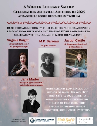 Local Asheville writers at Bagatelle Books on December 27th at 6:30 pm