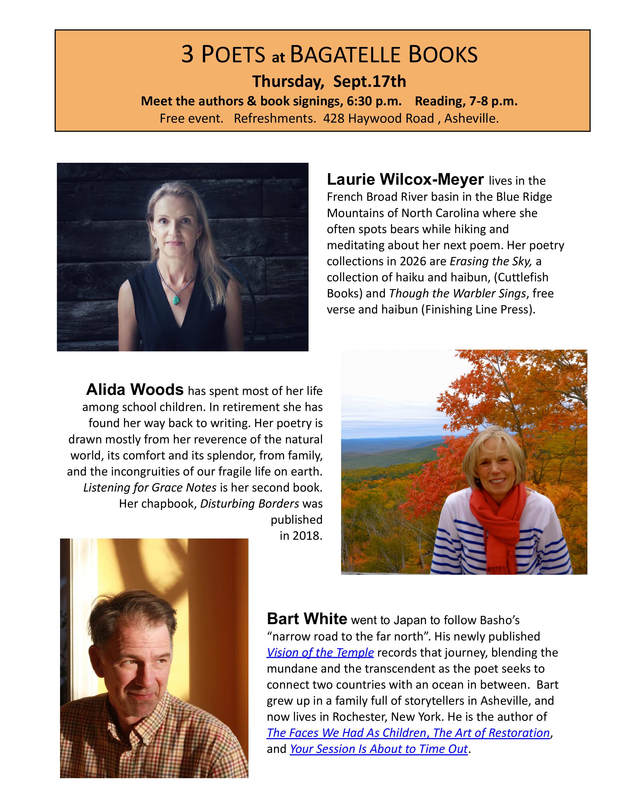 A poetry reading at Bagatelle Books on Thursday, September 17th at 6:30 PM
